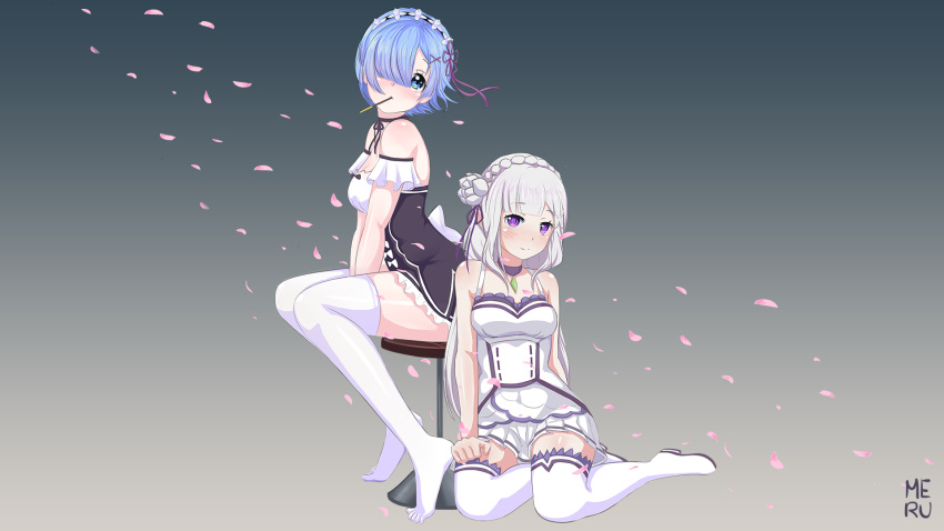 2girls bangs bare_shoulders blue_eyes blue_hair blunt_bangs blush braid breasts cleavage detached_sleeves dress emilia_(re:zero) eyebrows_visible_through_hair flower french_braid frills hair_flower hair_ornament hair_over_one_eye hair_ribbon highres large_breasts lavender_hair long_hair looking_at_viewer maid maid_headdress medium_breasts meru_rumi multiple_girls pointy_ears purple_eyes purple_ribbon re:zero_kara_hajimeru_isekai_seikatsu rem_(re:zero) ribbon rose short_hair silver_hair smile thighhighs white_flower white_hair white_legwear white_rose x_hair_ornament