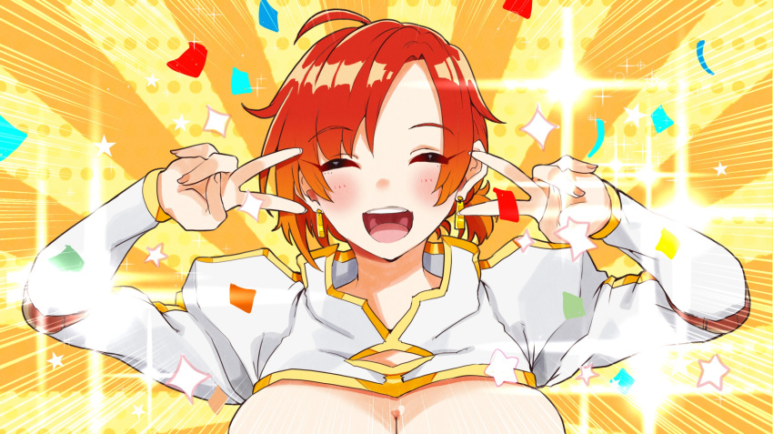 1girl 41_(taskmaster41) ^_^ blush boudica_(fate/grand_order) breasts cleavage closed_eyes double_v emotional_engine_-_full_drive fate/grand_order fate_(series) happy highres large_breasts open_mouth red_hair short_hair shrug_(clothing) solo sparkle striped striped_background v v_over_eye