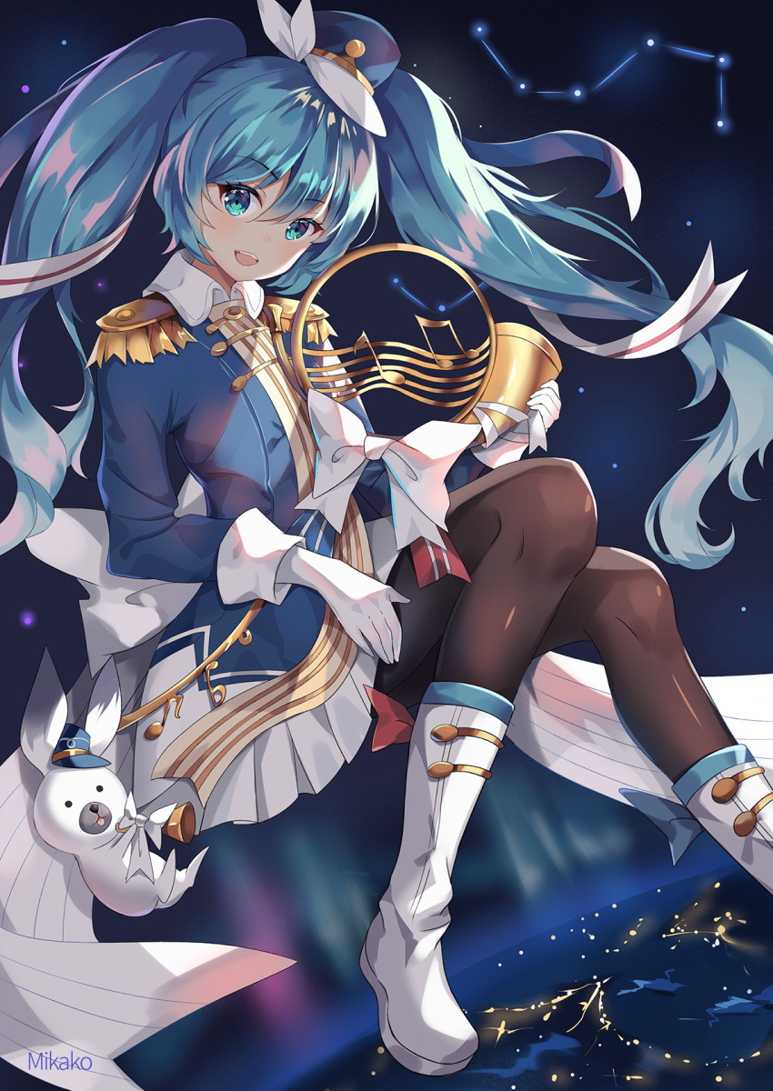 1girl aqua_eyes aqua_hair aurora band_uniform blue_jacket boots bow bowtie bunny commentary constellation earth epaulettes french_horn full_body gloves hair_ribbon hat hat_feather hatsune_miku highres horn_(instrument) instrument jacket long_hair mikako night open_mouth pantyhose pleated_skirt ribbon skirt smile star_(sky) striped striped_ribbon twintails very_long_hair vocaloid white_bow white_footwear white_gloves white_skirt yuki_miku yuki_miku_(2020)