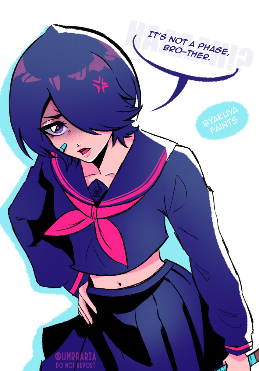 1girl bandaid bandaid_on_cheek bandaid_on_face black_hair black_serafuku bleach bleach:_the_high_school_warfare blue_eyes bokken commentary english_commentary english_text hair_over_one_eye hand_on_own_hip highres holding holding_weapon kuchiki_rukia lips midriff navel open_mouth school_uniform serafuku solo sword tumblr_username umbra_(edits_umbra) watermark weapon wooden_sword