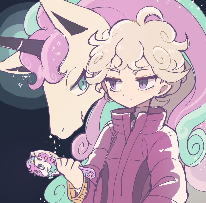 2020 ambiguous_gender bede_(pok&eacute;mon) blonde_hair blue_background blue_eyes blue_hair brush clothing equid equine galarian_ponyta galarian_rapidash hair hi_res holding_object horn human human_focus jacket looking_at_another male mammal nintendo not_furry_focus pink_hair pok&eacute;mon pok&eacute;mon_(species) purple_eyes regional_variant sanu simple_background smile sparkles topwear unicorn video_games