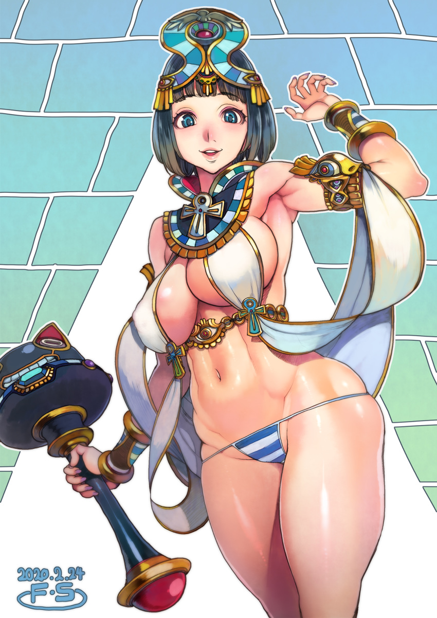 1girl black_hair blue_eyes blush breasts crown f.s. highres horizontal_stripes large_breasts looking_at_viewer menace navel panties queen's_blade revealing_clothes scepter setra shiny shiny_hair shiny_skin short_hair smile solo standing striped striped_panties underboob underwear