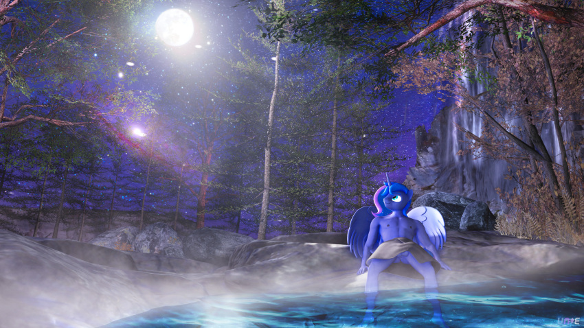 3d_(artwork) anthro anus balls blue_body blue_eyes blue_hair crossgender digital_media_(artwork) equid equine feathered_wings feathers friendship_is_magic ftm_crossgender genitals hair hasbro hi_res horn hot_spring male mammal my_little_pony mythological_creature mythological_equine mythology night princess_luna_(mlp) sitting solo star steam towel towel_around_waist unie water winged_unicorn wings