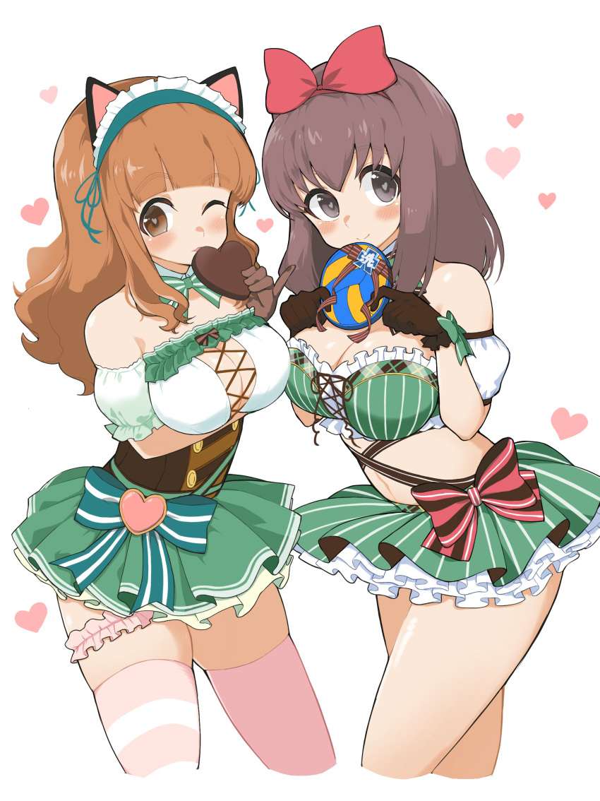 2girls absurdres animal_ears arm_under_breasts bangs bare_legs blush bow breast_hold breasts brown_eyes brown_hair candy chocolate chocolate_heart cleavage crop_top detached_collar detached_sleeves eyebrows_visible_through_hair fake_animal_ears food frilled_hairband frilled_skirt frilled_sleeves frills girls_und_panzer green_bow green_skirt hair_bow hairband heart heart-shaped_pupils highres holding holding_food kondou_taeko large_breasts long_hair multiple_girls navel one_eye_closed open_mouth pink_legwear pink_scrunchie puffy_short_sleeves puffy_sleeves red_bow scrunchie short_sleeves simple_background skirt smile standing striped striped_legwear symbol-shaped_pupils takebe_saori thigh_scrunchie thighhighs white_background yabai_gorilla zettai_ryouiki