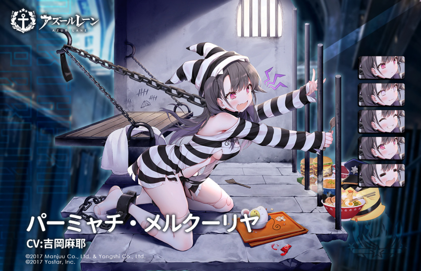 1girl alternate_costume artist_request azur_lane bangs bars black_hair black_panties blush breasts chain chained character_name chopsticks commentary_request company_name copyright_name cuffs drooling expressions fang food full_body hamburger hat holding holding_spoon hungry indoors ketchup kneeling large_breasts leaning_forward logo long_hair long_sleeves looking_away manjuu_(azur_lane) no_pants no_shoes noodles off_shoulder official_art one_side_up open_mouth outstretched_arms pamiat_merkuria_(azur_lane) panties pillow_hat pink_eyes pizza_box police_hat prison prison_cell prison_clothes purple_eyes ramen reaching restrained shackles shirt side-tie_panties sideboob skin_fang sleeves_past_wrists spoon stationary_restraints stone_floor striped striped_clothes striped_headwear tally tearing_up tears thighhighs torn_clothes torn_legwear torn_shirt tray underwear watermark white_legwear