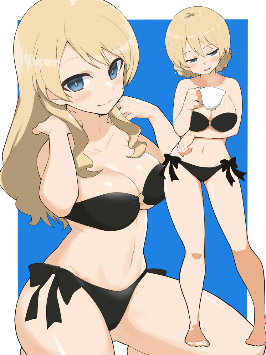 1girl absurdres arm_under_breasts bikini black_bikini blonde_hair blue_background blue_eyes blush braid breast_hold breasts cleavage closed_mouth collarbone cup eyebrows_visible_through_hair girls_und_panzer hair_between_eyes half-closed_eyes hands_up highres holding holding_cup large_breasts long_hair looking_at_viewer multiple_views navel o-ring o-ring_bottom open_mouth outside_border side-tie_bikini side-tie_bottom smile swimsuit white_background yabai_gorilla