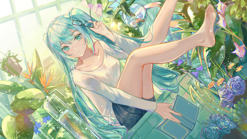 1girl aqua_eyes aqua_hair barefoot book commentary denim denim_shorts dutch_angle eyewear_removed fern fish fishbowl flower glasses greenhouse hatsune_miku highres holding holding_book holding_eyewear indoors legs_up light_smile long_hair looking_at_viewer open_book plant potted_plant qie_(25832912) rose shorts sitting skirt solo succulent_plant twintails vase very_long_hair vocaloid white_skirt