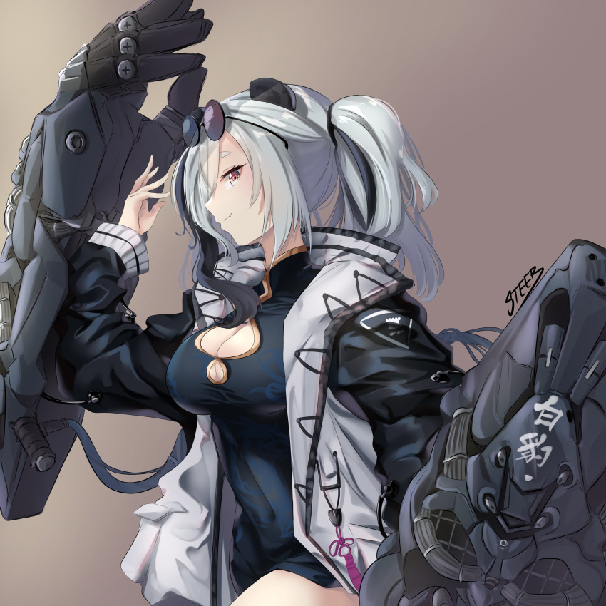 1girl absurdres animal_ears arknights bangs black_dress black_hair breasts china_dress chinese_clothes cleavage cleavage_cutout dress eyewear_on_head feater_(arknights) hair_over_one_eye hand_up highres jacket large_breasts long_hair looking_at_viewer mechanical_arms multicolored_hair panda_ears round_eyewear smile solo steeb26 sunglasses