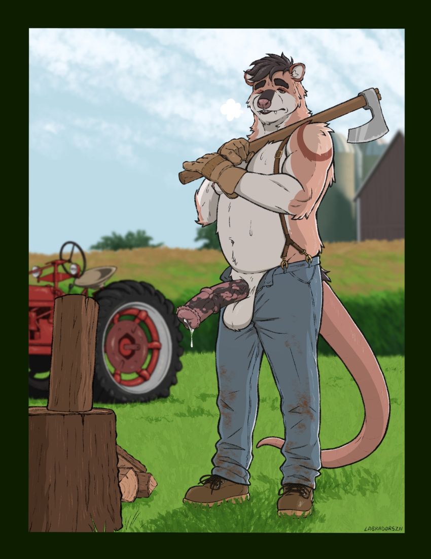 2026 animal_genitalia animal_penis anthro axe balls black_body black_fur black_hair bodily_fluids bottomwear brown_penis clothed clothing denim denim_bottomwear denim_clothing equine_genitalia equine_penis erection fangs footwear fur genital_fluids genitals grass hair hi_res holding_object holding_weapon jeans labradorszn male male_anthro medial_ring mottled mottled_genitalia mottled_penis musclegut muscular muscular_anthro muscular_male open_bottomwear open_clothing open_pants outside overweight overweight_anthro overweight_male pants penis pink_penis plant precum precum_string shoes solo standing suspenders sweat tail tan_body tan_fur teeth topless topless_anthro topless_male tractor unknown_species vehicle weapon white_body white_fur wood