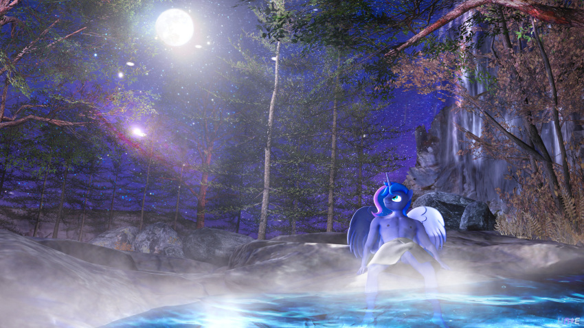 3d_(artwork) anthro blue_body blue_eyes blue_hair crossgender digital_media_(artwork) equid equine feathered_wings feathers friendship_is_magic ftm_crossgender genitals hair hasbro hi_res horn hot_spring male mammal my_little_pony mythological_creature mythological_equine mythology night princess_luna_(mlp) sitting solo star steam towel towel_around_waist unie water winged_unicorn wings