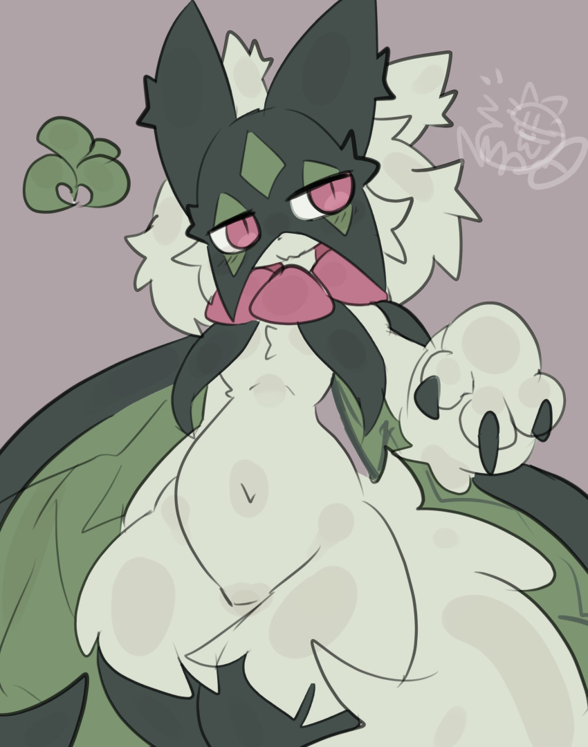 2026 ambiguous_gender anthro belly cape claws clothing digital_drawing_(artwork) digital_media_(artwork) fluffy fluffy_tail fur generation_9_pokemon green_body green_fur grey_background hi_res limp_wrist meowscarada navel nintendo nyaswitchnya one_hand_raised paws pokemon pokemon_(species) portrait pseudo_mask red_eyes simple_background sketch solo standing tail thick_thighs three-quarter_portrait