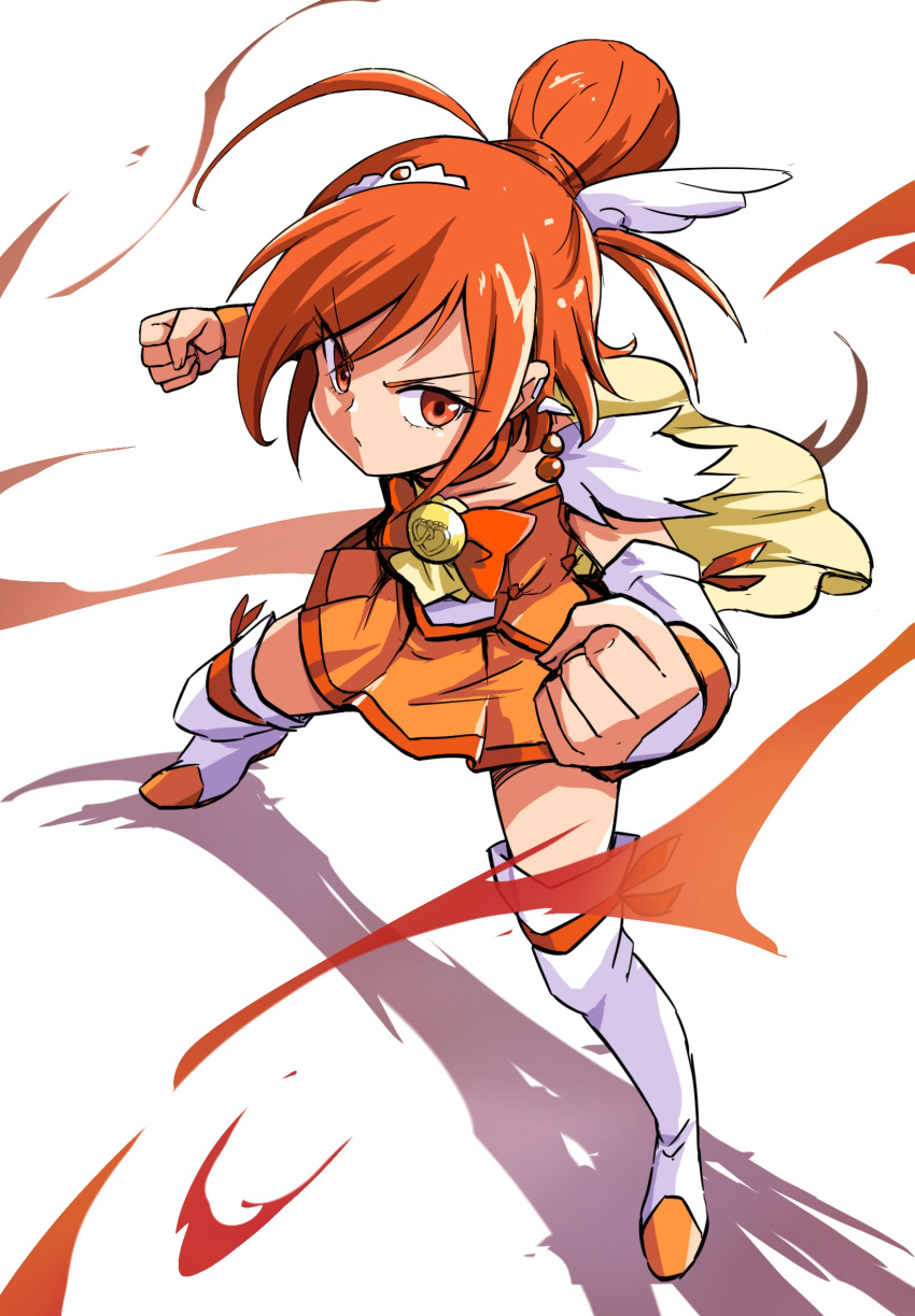 1girl boots bow bowtie choker clenched_hands closed_mouth commentary cure_sunny detached_sleeves fighting_stance fire from_above frown hair_bun hair_ornament highres hino_akane_(smile_precure!) legs_apart looking_at_viewer magical_girl orange_bow orange_bowtie orange_choker orange_eyes orange_hair orange_shirt orange_skirt pleated_skirt precure serious shadow shirt single_hair_bun skirt sleeveless sleeveless_shirt smile_precure! solo standing thigh_boots uraki v-shaped_eyebrows white_background white_boots white_sleeves wing_hair_ornament