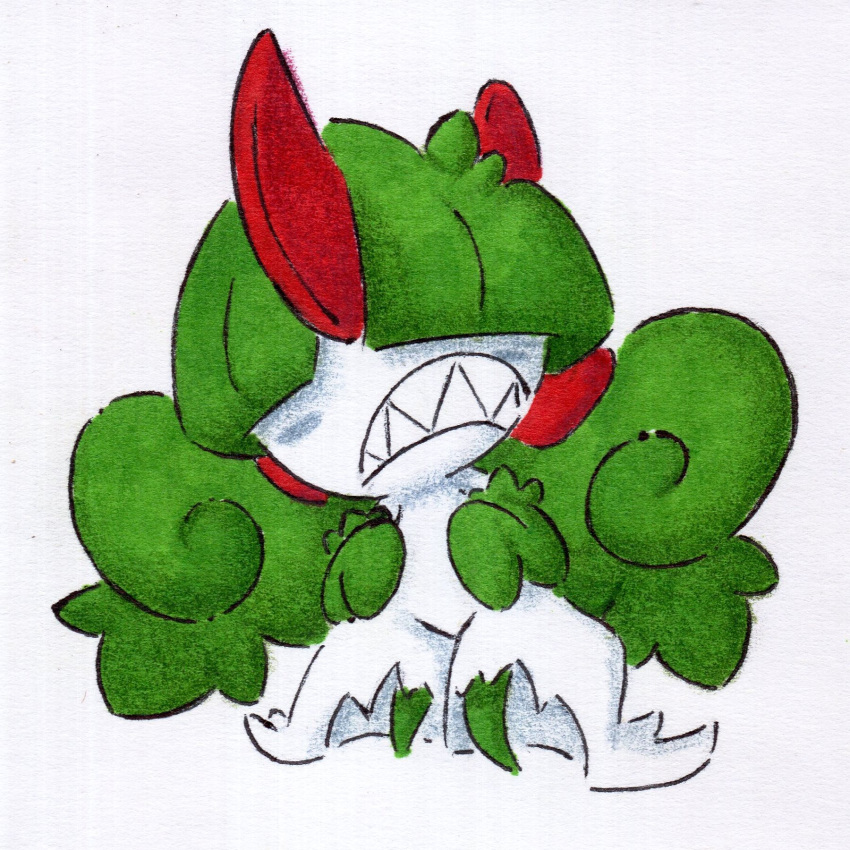 2026 female generation_3_pokemon green_hair hair hi_res mo_(shar0makai) nintendo pokemon pokemon_(species) ralts shar0makai sharp_teeth simple_background solo teeth white_background white_body