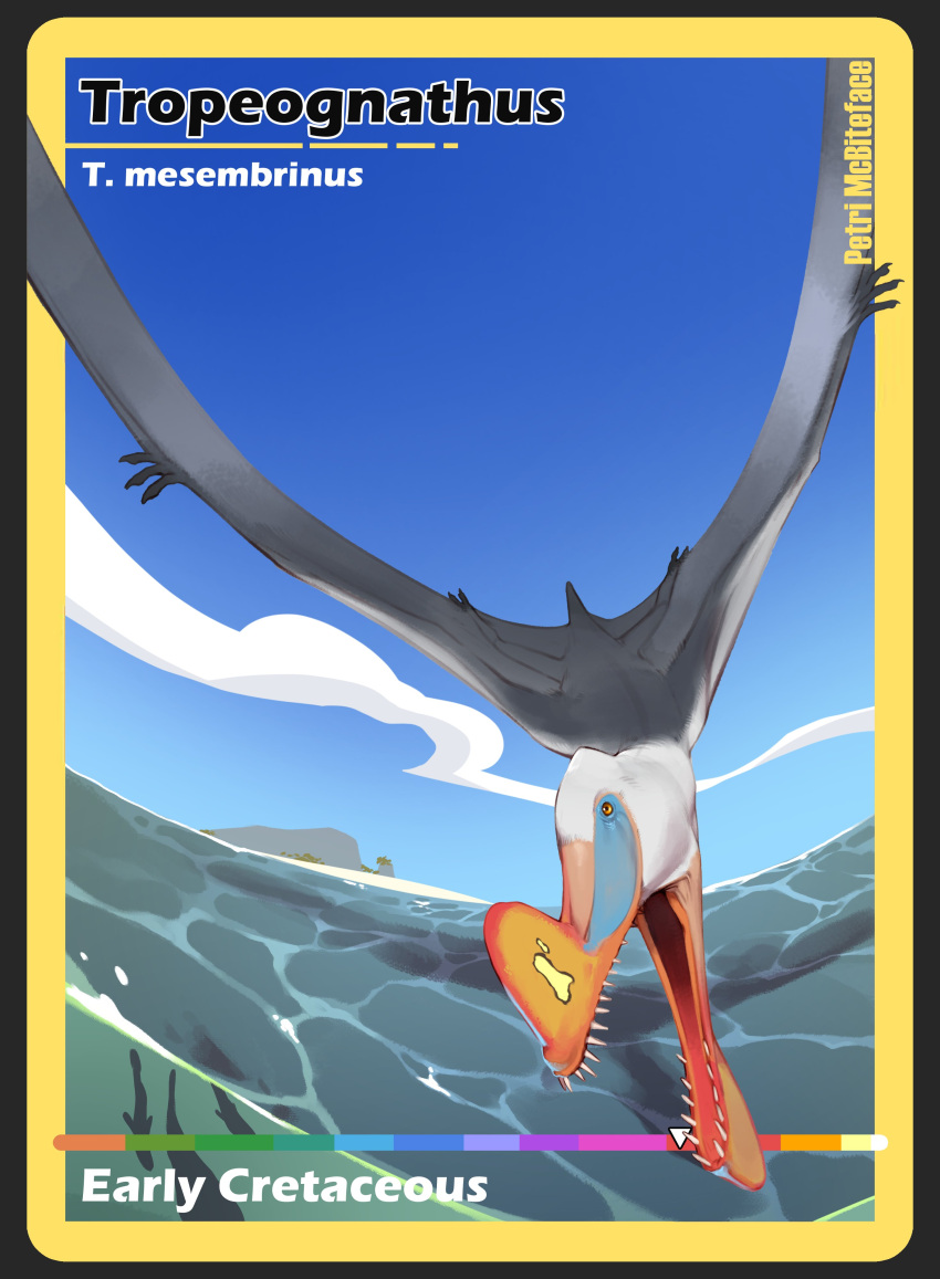 2026 3_fingers absurd_res ambient_fish ambient_sealife ambiguous_feral ambiguous_gender beak black_text blue_beak blue_sky cloud combos-n-doodles day english_text feet feral fingers flying grey_body grey_tail grey_wings hi_res island membrane_(anatomy) membranous_wings multicolored_beak multicolored_body open_mouth orange_beak orange_eyes outside patagium pink_beak prehistoric_species pterosaur pupils reptile sand scalie sea shark_teeth sharp_teeth sky solo tail teeth text toes tropeognathus water white_body white_text wings yellow_beak yellow_text