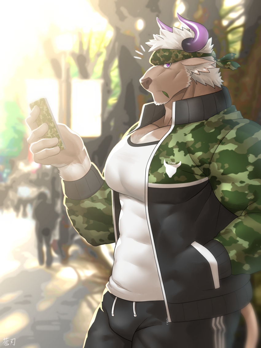 3:4 absurd_res accessory anthro bovid bovine brown_body brown_fur camo camo_print cattle cellphone clothed clothing fur hair hand_in_pocket headband hi_res horn looking_at_viewer male mammal pecs phone pockets purple_eyes shennong sojin_advance solo tokyo_afterschool_summoners video_games white_hair