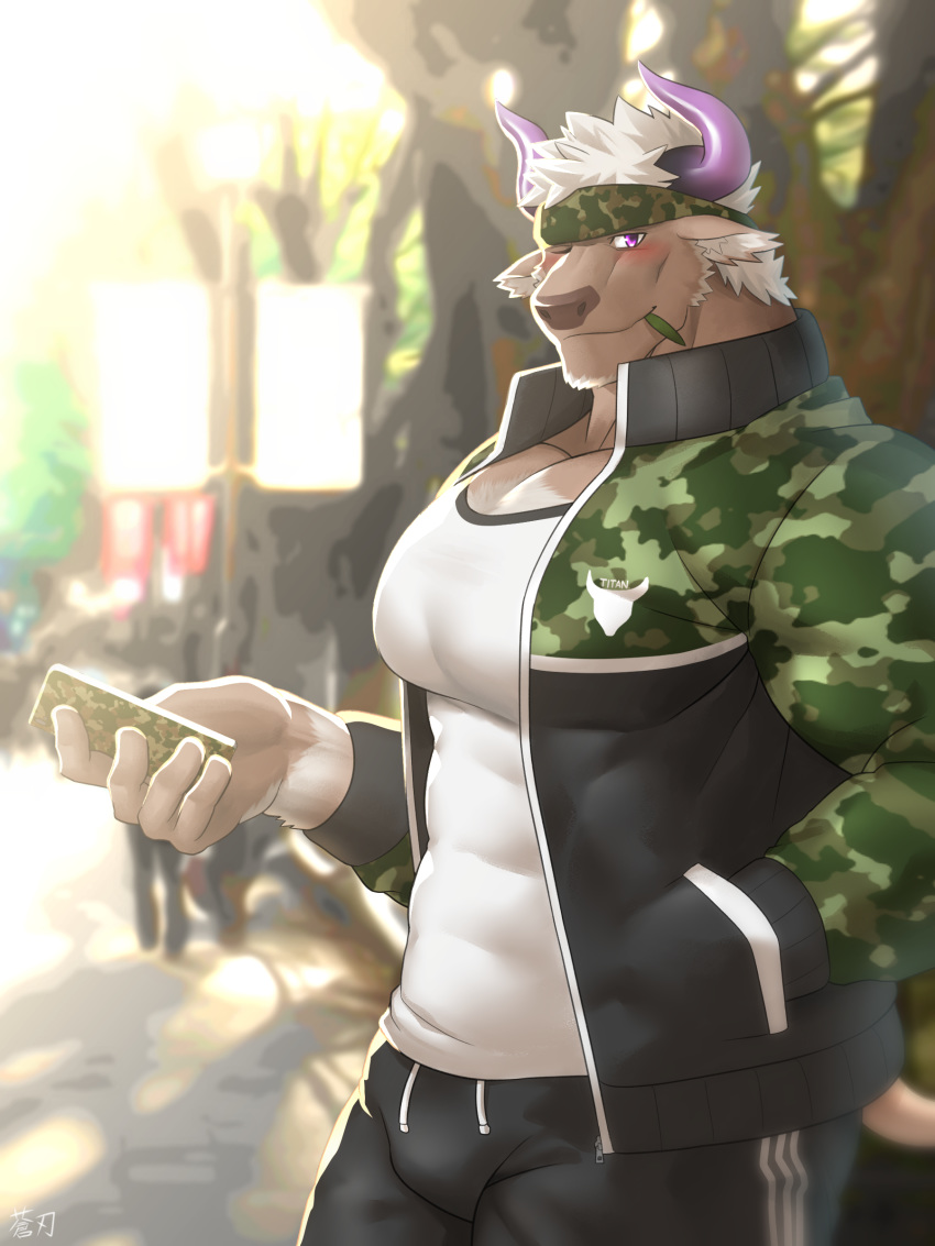 3:4 absurd_res accessory anthro blush bovid bovine brown_body brown_fur camo camo_print cattle cellphone clothed clothing fur hair hand_in_pocket headband hi_res horn looking_at_viewer male mammal one_eye_closed pecs phone pockets purple_eyes shennong sojin_advance solo tokyo_afterschool_summoners video_games white_hair