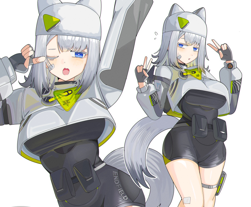 1girl absurdres animal_ears arknights arknights:_endfield bandaid bandaid_on_cheek bandaid_on_face blue_eyes breasts cat_girl cat_tail commentary double_v english_commentary estella_(arknights) fingerless_gloves flying_sweatdrops gloves hands_up highres large_breasts multiple_views one_eye_closed open_mouth simple_background spam_(spamham4506) tail v white_background