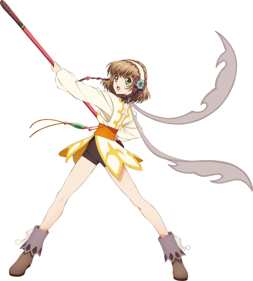 1girl artist_request black_ribbon black_unitard boots breasts brown_boots brown_hair coat commentary flower full_body game_cg green_eyes hair_flower hair_ornament hairband highres holding holding_baton_(weapon) holding_behind_back holding_weapon holding_weapon_behind_back legs_apart leia_rolando looking_at_viewer official_art open_mouth ribbon short_hair solo standing tales_of_(series) tales_of_asteria tales_of_xillia third-party_source transparent_background weapon white_coat white_hairband