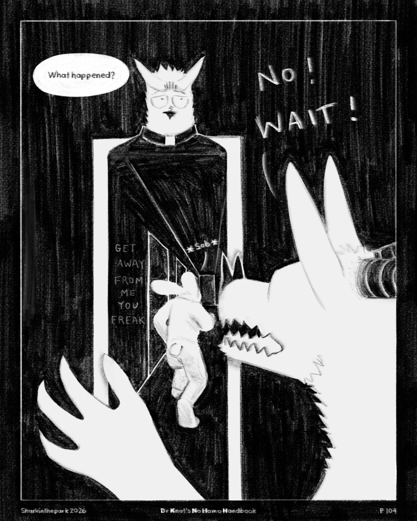 2026 4_fingers absurd_res anthro avian bat bird border dialogue doorway fingers hallway handwritten_text hi_res horn lagomorph leporid mammal monochrome owl priest priest_robes rabbit running running_away sad sharkinthepark sharp_teeth speech_bubble teeth text yelling