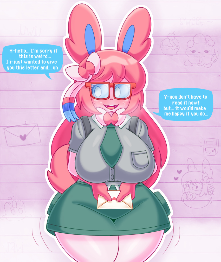 2026 absurd_res anthro big_breasts big_glasses blue_sclera blush bodily_fluids bottomwear bow_ribbon breasts card chibi clothing dialogue eeveelution embarrassed english_text eyebrow_through_hair eyebrows eyelashes eyelashes_through_hair eyewear face_blush female fur game_boy game_boy_family generation_6_pokemon glasses green_bottomwear green_clothing green_pants grey_clothing grey_shirt grey_topwear hair heart_symbol hi_res holidays huge_breasts javisylveon_(mintyspirit) letter long_hair love_letter mintyspirit motion_lines multicolored_body multicolored_fur nerd nervous nintendo notebook pants pink_hair poke_puff pokemon pokemon_(species) red_eyewear red_glasses ribbons scholar school_uniform shaking shirt shy sketch skirt slightly_chubby smoke smoke_from_mouth solo speech_bubble steam sweat sweatdrop swirlix sylveon talking_to_viewer text thick_thighs topwear translucent translucent_hair uniform uwu valentine's_day white_body white_eyes white_fur wide_hips