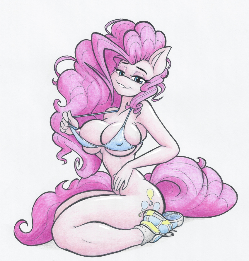 2020 absurd_res anthro anthrofied areola bedroom_eyes big_breasts big_hair blue_eyes bottomless bra breasts cleavage clothed clothing equid equine female flicker-show footwear friendship_is_magic hair hi_res horse kneeling looking_at_viewer mammal my_little_pony narrowed_eyes nipple_outline nipples pinkie_pie_(mlp) pony seductive shoes solo thick_thighs thin_waist underwear