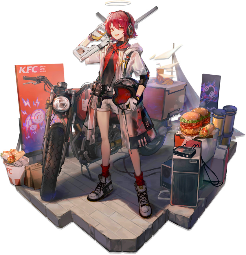 1girl :d alternate_costume arknights bangs bare_legs black_shirt brown_eyes burrito cup detached_wings disposable_cup drinking_straw exusiai_(arknights) eyebrows_visible_through_hair food full_body gloves grey_footwear ground_vehicle gun hair_between_eyes halo hamburger headphones helmet highres holding holding_gun holding_helmet holding_weapon huanxiang_heitu jacket kfc looking_at_viewer mismatched_gloves motor_vehicle motorcycle motorcycle_helmet official_art open_clothes open_jacket open_mouth red_hair red_legwear red_neckwear rifle shadow shirt shoes short_hair short_shorts short_sleeves shorts smile sneakers socks solo standing taco transparent_background weapon white_gloves white_jacket white_shorts wings yellow_gloves