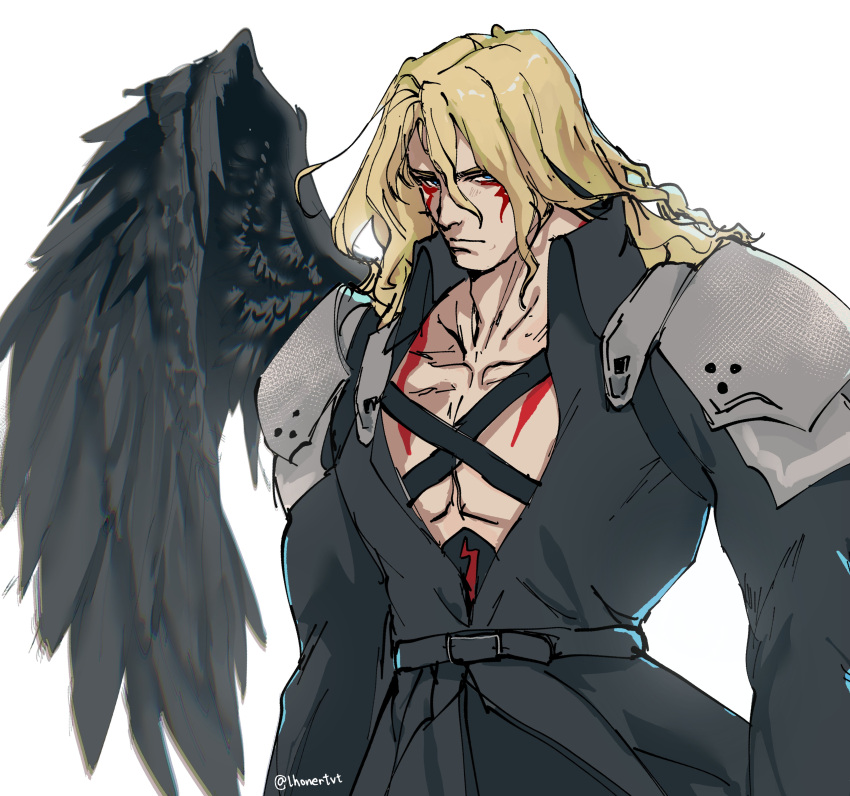 1boy absurdres alex_(street_fighter) armor black_coat black_wings blonde_hair blue_eyes chest_strap closed_mouth coat collarbone cosplay crossover facepaint feathered_wings final_fantasy final_fantasy_vii highres jacket lhonert long_hair long_sleeves looking_at_viewer male_focus military_uniform muscular muscular_male open_clothes pauldrons pectoral_cleavage pectorals sephiroth sephiroth_(cosplay) shoulder_armor simple_background single_wing solo street_fighter street_fighter_iii_(series) tattoo upper_body white_background wings