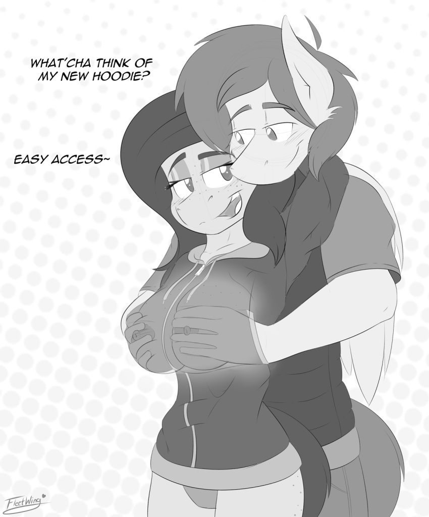 anthro areola breast_grab breasts clothed clothing cookie_dough_(mlp) easy_access english_text equid equine female fleet_wing fleet_wing_(fursona) freckles hand_on_breast hi_res hoodie male male/female mammal monochrome my_little_pony nipples open_mouth panties simple_background smile text topwear underwear x-ray