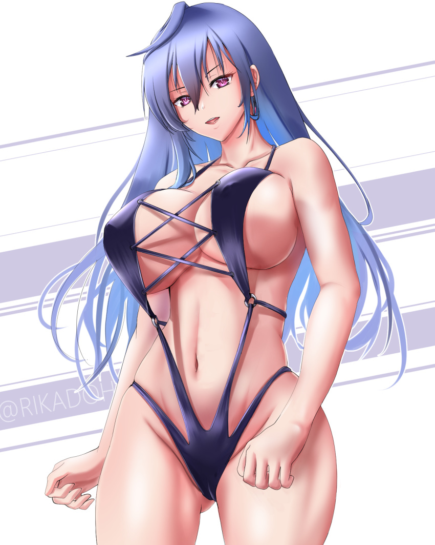 1girl bare_shoulders bikini blue_hair blush breasts earrings hair_between_eyes highres iris_heart jewelry kami_jigen_game_neptune_v large_breasts long_hair looking_at_viewer neptune_(series) pink_eyes power_symbol rikadoh solo swimsuit symbol-shaped_pupils