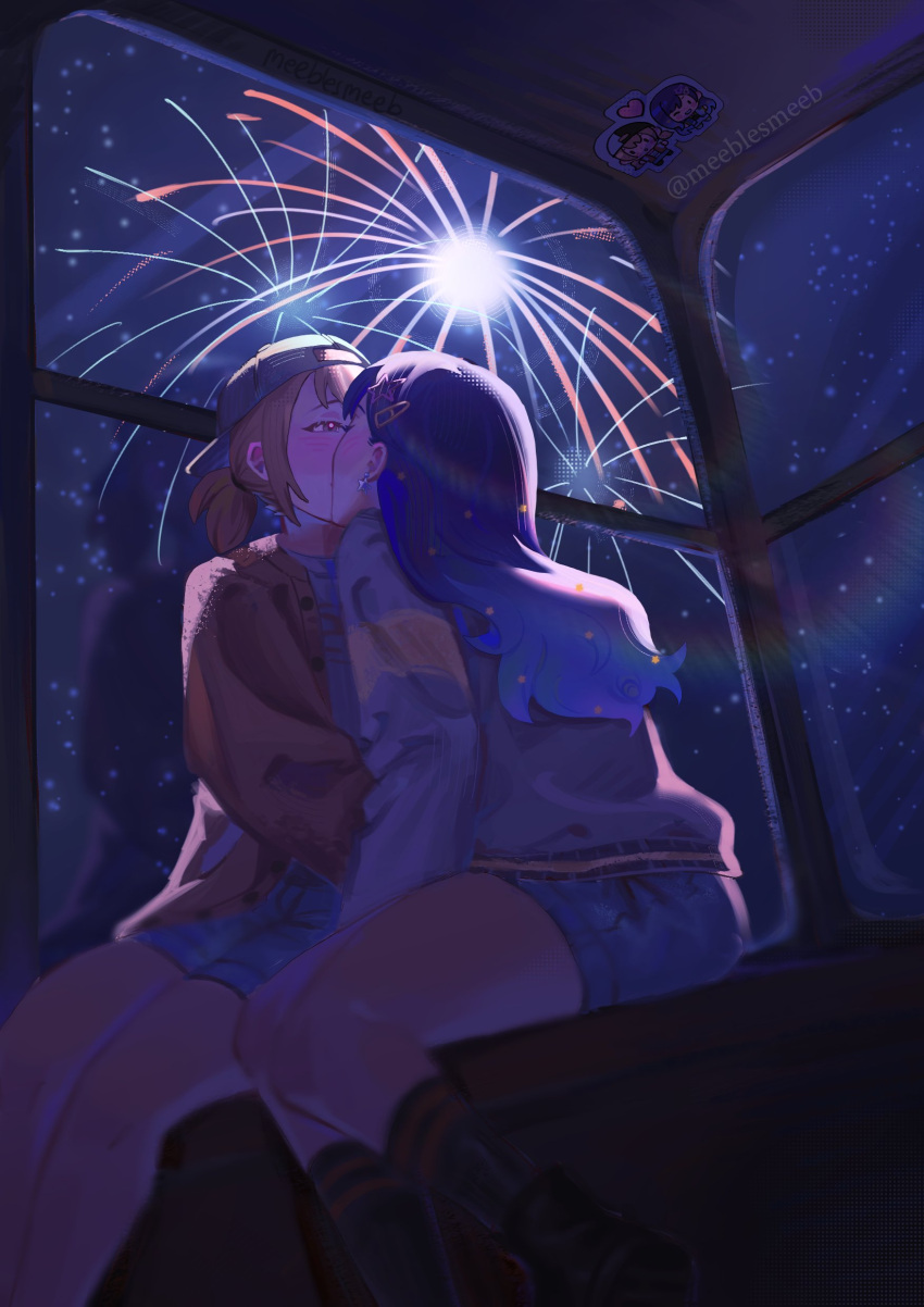 2girls absurdres aerial_fireworks azusawa_kohane baseball_cap blonde_hair blue_eyes blue_hair blue_shorts brown_cardigan brown_hair cardigan commentary earrings english_commentary ferris_wheel_interior fireworks grey_hat grey_shirt hair_ornament hairclip hat highres jewelry long_hair meeblesmeeb multiple_girls night project_sekai shiraishi_an shirt shorts star_(symbol) star_hair_ornament yellow_eyes yuri