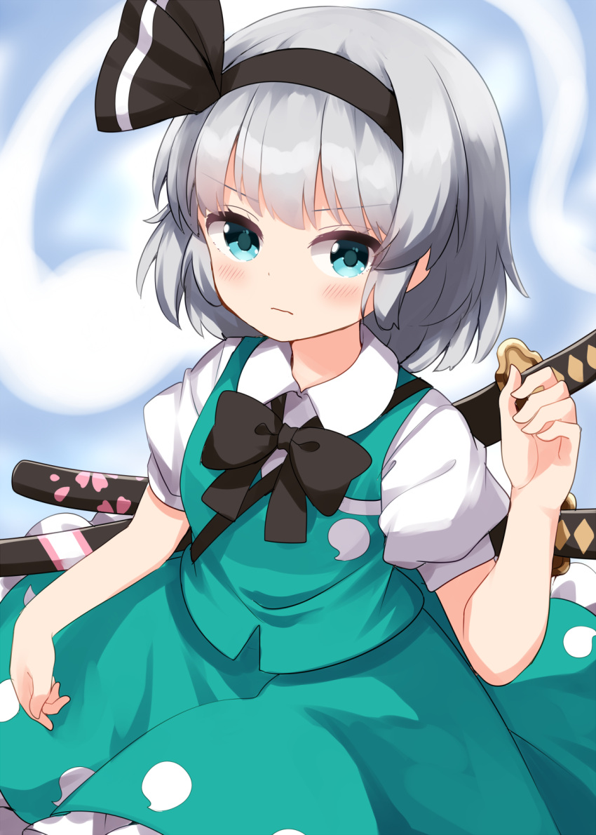 1girl black_bow black_bowtie black_hairband blush bow bowtie closed_mouth collared_shirt commentary_request completion_time green_eyes green_skirt green_vest grey_hair hairband highres hitodama hitodama_print katana konpaku_youmu konpaku_youmu_(ghost) looking_at_viewer multiple_swords puffy_short_sleeves puffy_sleeves ruu_(tksymkw) sheath sheathed shirt short_sleeves skirt skirt_set solo sword touhou vest weapon white_shirt
