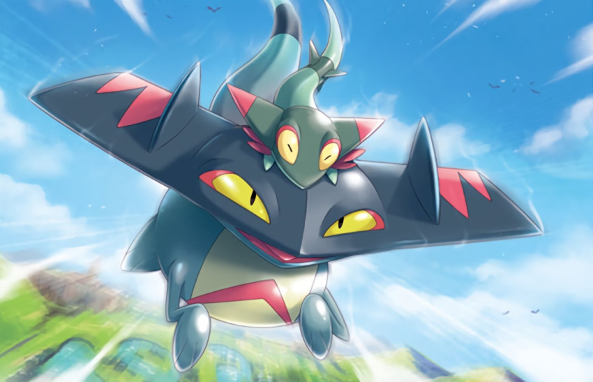 ^_^ blue_sky closed_eyes cloud cloudy_sky creature day drakloak dreepy flying full_body gen_8_pokemon grass lake no_humans official_art pokemon pokemon_(creature) pokemon_trading_card_game saitou_kouki sky yellow_eyes