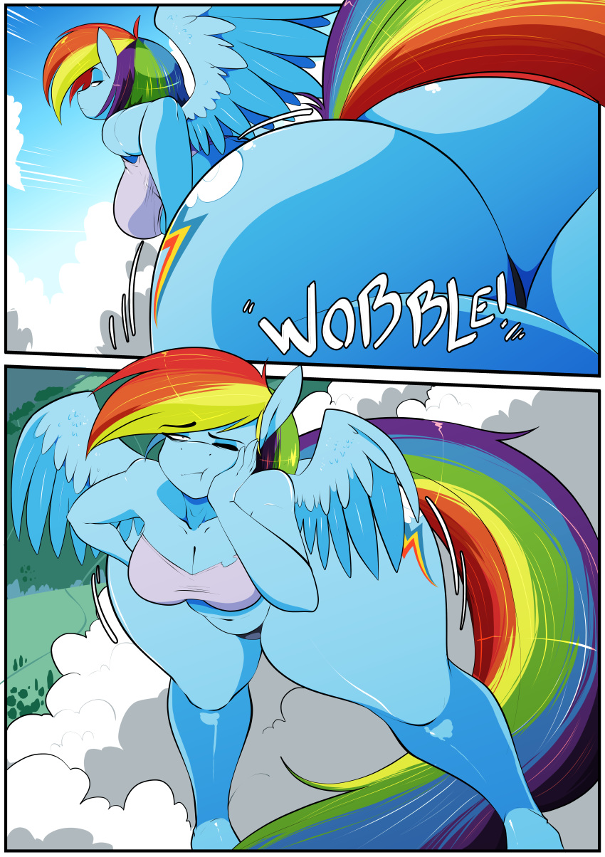 absurd_res anthro big_breasts big_butt breasts butt cleavage clothed clothing cloud comic cutie_mark equid equine eyes_closed female friendship_is_magic growth hi_res huge_butt macro mammal my_little_pony pterippus rainbow_dash_(mlp) solo thick_thighs vale-city wings