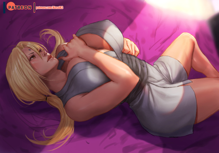 1girl bed_sheet between_breasts blonde_hair breasts cleavage covered_nipples dappled_sunlight eyelashes facial_mark forehead_mark hand_between_breasts huge_breasts lips long_hair low_twintails lying naruto_(series) no_bra no_pants nose on_back orange_eyes rejean_dubois sleeveless solo sunlight tsunade twintails