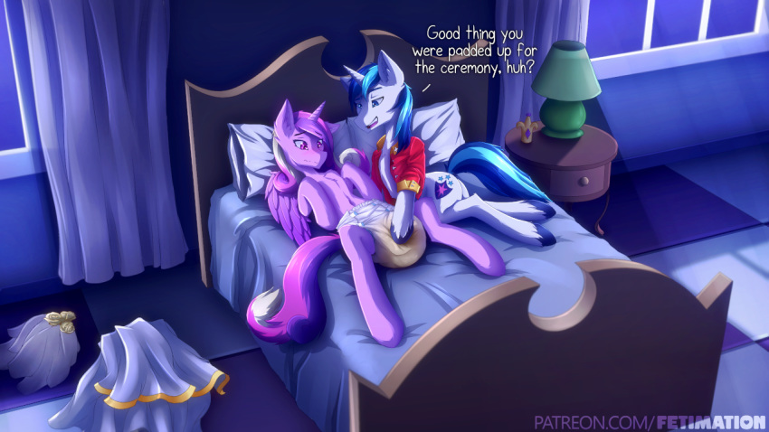 16:9 anthro bed bedroom bodily_fluids dialogue diaper diaper_squish duo english_text equid fetimation friendship_is_magic fur furniture genital_fluids hair horn inside lamp lying mammal my_little_pony night on_back on_bed princess_cadance_(mlp) shining_armor_(mlp) text unicorn urine url watersports wet_diaper wetting winged_unicorn wings