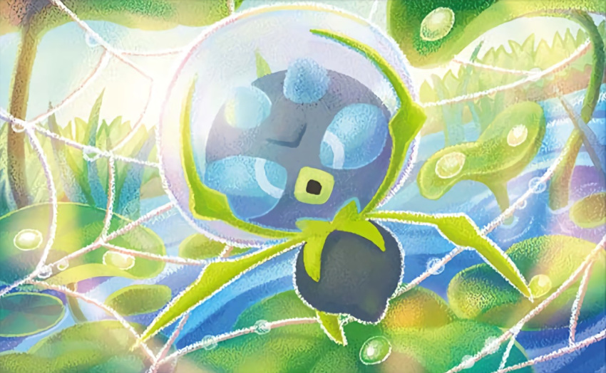 blue_eyes bug creature dewpider full_body gen_7_pokemon looking_at_viewer no_humans official_art plant pokemon pokemon_(creature) pokemon_trading_card_game shibuzoh silk solo spider spider_web water