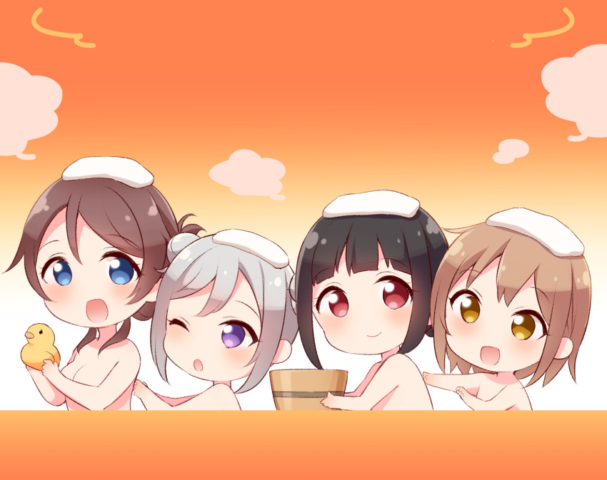 4girls :d ;o bangs bathing black_hair blue_eyes blush brown_eyes brown_hair bucket chibi commentary_request double_bun folded_ponytail grey_hair hand_on_another's_back hazuki_(sutasuta) highres holding looking_at_viewer multiple_girls nude one_eye_closed open_mouth orange_background original purple_eyes red_eyes rubber_duck shared_bathing short_hair sidelocks smile steam towel towel_on_head