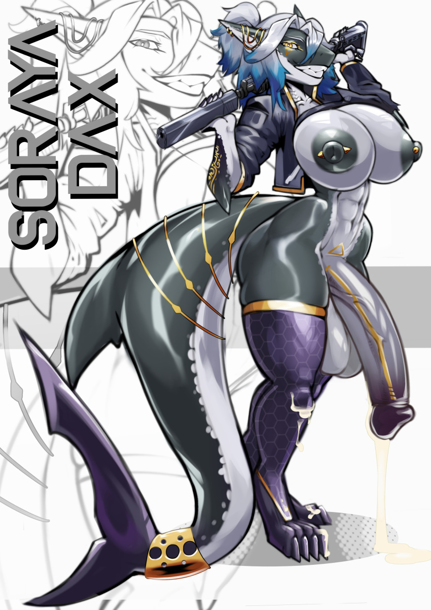 4_toes 5_fingers abs absurd_res accessory albinion anthro aquatic areola athletic athletic_anthro athletic_intersex balls barbell_piercing big_balls big_breasts big_butt big_penis big_tail biped black_areola black_body black_clothing black_genitals black_nipples black_penis black_skin blue_hair bodily_fluids bottomless breasts butt claws clothed clothed_anthro clothed_gynomorph clothed_intersex clothing countershading cum cum_drip cum_dripping_from_penis cum_dripping_on_floor cum_on_body cum_on_feet cum_on_ground cum_on_knee cum_on_leg cum_on_penis cum_on_self cum_string curvy_figure digital_media_(artwork) digitigrade dripping ear_piercing ear_ring egyptian ejaculation english_text erection eyebrows facial_tattoo feet fin fingers fish flaccid footwear furgonomic_piercing furgonomics genital_fluids genital_tattoo genitals gills glans glistening glistening_balls glistening_body glistening_breasts glistening_genitalia glistening_penis glistening_thighs gold_(metal) gold_jewelry gradient_genitalia grey_body grey_genitals grey_skin grin gun gynomorph gynomorph_anthro hair half-erect handgun hi_res holding_gun holding_handgun holding_object holding_ranged_weapon holding_weapon huge_balls huge_breasts huge_penis huge_tail humanoid_genitalia humanoid_penis hyper hyper_balls hyper_genitalia hyper_penis intersex intersex_anthro jacket jewelry leaking leaking_cum legwear long_penis long_tail looking_at_viewer markings mostly_nude multicolored_body multicolored_hair multicolored_penis muscular muscular_anthro muscular_gynomorph muscular_intersex navel nipple_barbell nipple_dip nipple_piercing nipples open_clothing open_jacket open_topwear partially_clothed penis piercing pistol pubic_tattoo puffy_nipples purple_clothing purple_genitals purple_legwear purple_penis ranged_weapon ring ring_(jewelry) ring_piercing shark shark_tail sharp_teeth shotgun simple_background smile smiling_at_viewer solo soraya_dax spots spotted_body standing stockings tail tail_accessory tail_fin tail_jewelry tail_ring tailband tattoo teeth text thick_tail thick_thighs thigh_highs toe_claws toes topwear two_tone_body two_tone_genitals two_tone_hair two_tone_penis vein veiny_penis weapon white_background white_balls white_body white_breasts white_eyebrows white_genitals white_hair white_penis white_skin wide_hips yellow_eyes