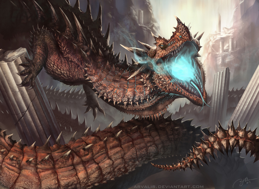 2014 ambiguous_gender arvalis day detailed_background digital_media_(artwork) dragon feral hi_res open_mouth outside scales solo teeth tongue