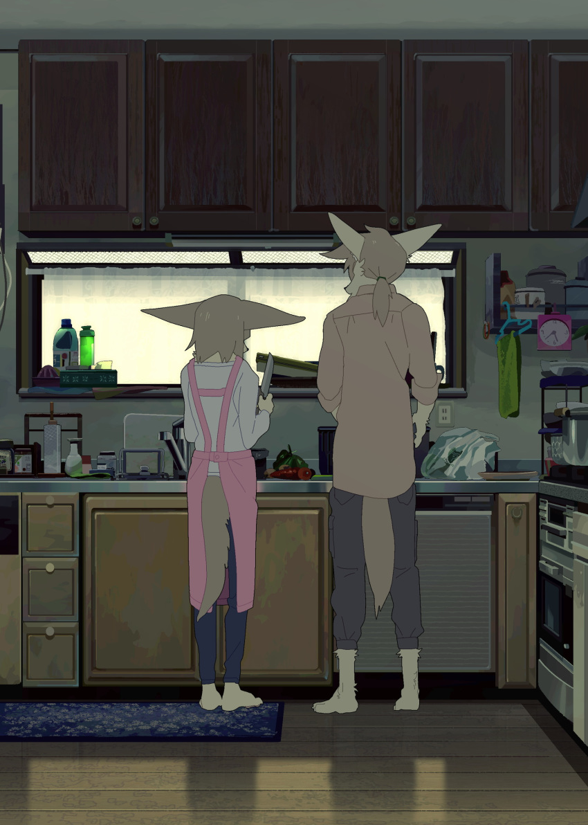 anthro apron barefoot bottomwear brown_hair canid canine clock clothed clothing cooking countertop detailed_background duo female fennec fox fully_clothed fur hair hi_res holding_object inside kemono kitchen knife looking_at_another male mammal pants ponytail shelf shirt sink standing tan_body tan_fur taracod topwear window