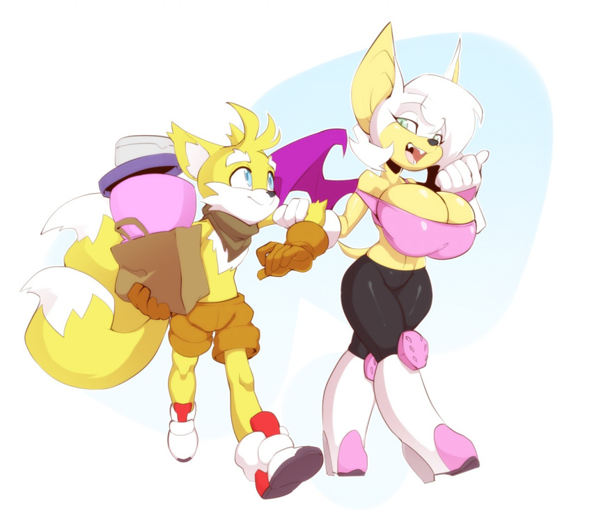 2_tails arm_grab bag big_breasts bottomwear breasts canid canine chiropteran clothing duo fangs female fox gloves handwear high_heeled_boots male mammal midriff miles_prower multi_tail open_mouth ramudey rouge_the_bat scarf shorts sonic_the_hedgehog_(series) tube_top wings