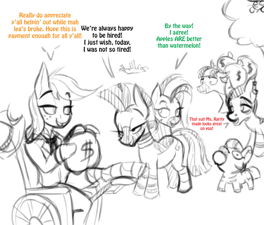 $ 2020 applejack_(mlp) bandy_cyoot broken_leg cast dialogue english_text equid equine fan_character friendship_is_magic good_end hi_res horse jrvanesbroek leg_cast mammal money_bag monochrome mouth_hold my_little_pony neo_noir partial_color pony sketch text wheelchair zeal_lanatus_(oc) zebra zecora_(mlp) zeta_(oc) zizzie_(oc)