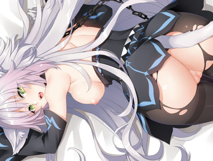 22jigen animal_ears anus atalanta_(fate) atalanta_alter breasts catgirl chain choker fang fate/grand_order fate_(series) green_eyes long_hair nipples nopan pantyhose pussy skirt skirt_lift tail topless torn_clothes uncensored waifu2x