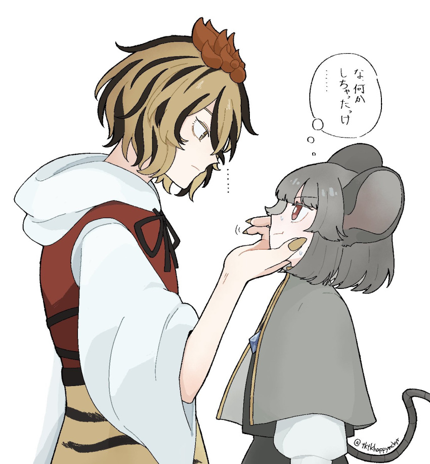 2girls animal_ears animal_print black_hair black_ribbon black_skirt black_vest blonde_hair capelet closed_mouth commentary_request dress eye_contact grey_capelet grey_hair hand_on_another's_face height_difference highres jewelry large_hands long_sleeves looking_at_another mouse_ears mouse_girl mouse_tail multicolored_hair multiple_girls nazrin neck_ribbon pendant red_dress ribbon shirt short_hair simple_background skirt speech_bubble sweat tail thought_bubble tiger_print tktkhappymchyru toramaru_shou touhou translation_request twitter_username two-tone_hair vest white_background white_shirt yellow_eyes yellow_nails