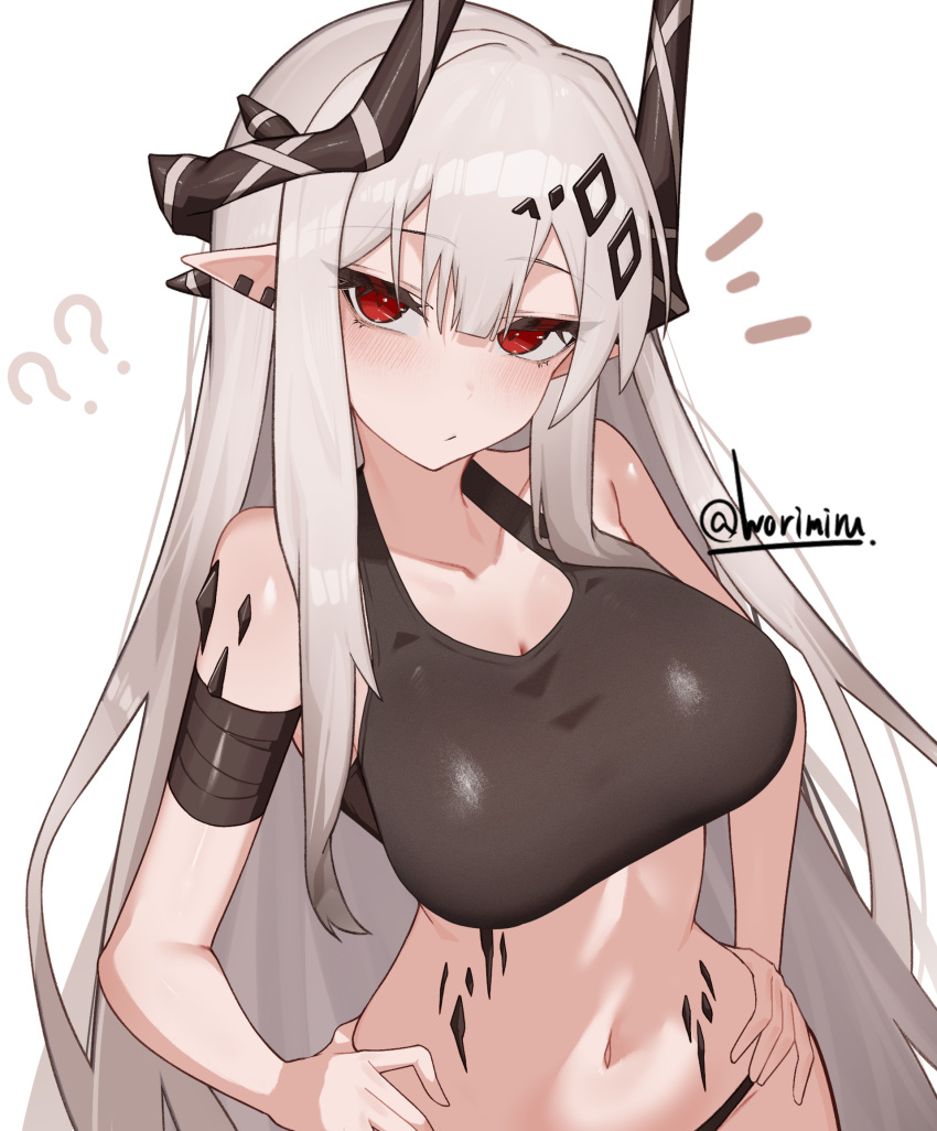 1girl ? ?? arknights bare_shoulders black_horns black_sports_bra blush breasts cleavage closed_mouth commentary_request crop_top grey_hair hair_between_eyes hands_on_own_hips highres horns large_breasts long_hair looking_at_viewer material_growth mudrock_(arknights) navel notice_lines oripathy_lesion_(arknights) paid_reward_available partial_commentary pointy_ears red_eyes simple_background solo sports_bra twitter_username upper_body very_long_hair watermark white_background worimiru