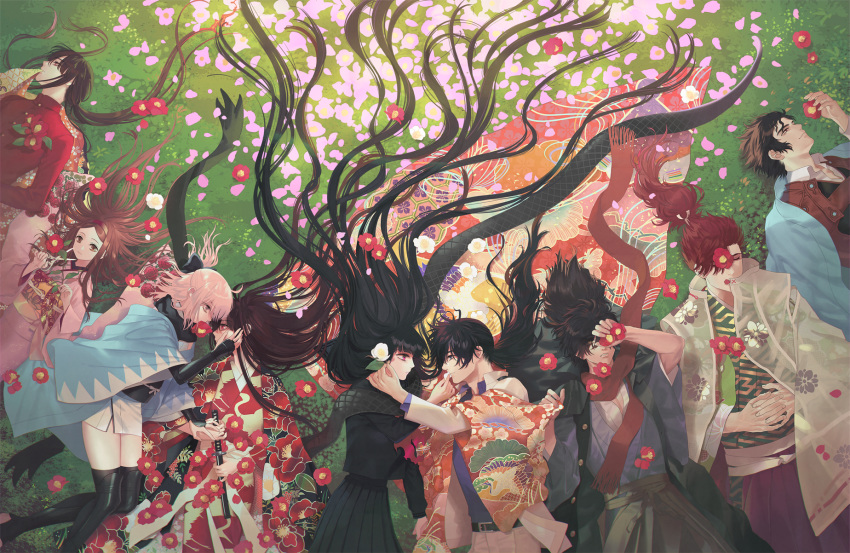 4girls 5boys armor black_hair black_ribbon black_skirt brown_hair camellia chacha_(fate/grand_order) closed_eyes commentary_request fate/grand_order fate_(series) flower grass hair_flower hair_ornament hair_ribbon half_updo hand_on_another's_cheek hand_on_another's_face haori hetero highres hijikata_toshizou_(fate/grand_order) holding_hands japanese_armor japanese_clothes katana kimono koha-ace kote long_hair looking_at_another lying mori_nagayoshi_(fate) multiple_boys multiple_girls obi oda_nobukatsu_(fate/grand_order) oda_nobunaga_(fate) oda_nobunaga_(fate)_(all) okada_izou_(fate) okita_souji_(fate) okita_souji_(fate)_(all) on_back on_side oryou_(fate) outdoors pleated_skirt ponytail red_hair ribbon sakamoto_ryouma_(fate) sash scarf short_hair skirt sword thighhighs very_long_hair warabi_tama weapon yuri