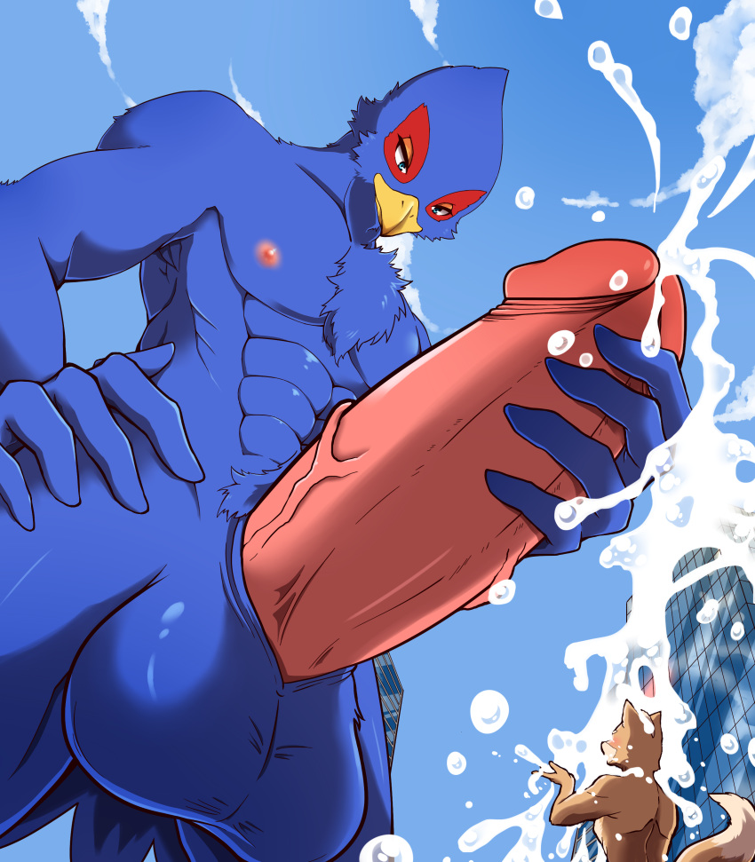 absurd_res anthro avian balls big_balls big_penis bird bodily_fluids building canid canine cum cum_on_head erection falco_lombardi fox fox_mccloud genital_fluids genitals hi_res humanoid_genitalia humanoid_penis looking_down looming macro male mammal masturbation nintendo penis ryeono_kemo star_fox video_games