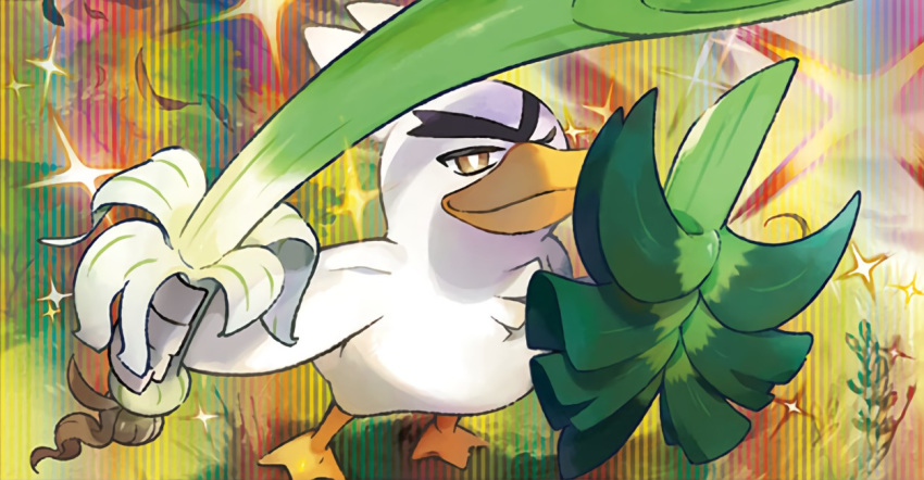 bird brown_eyes duck gen_8_pokemon no_humans official_art one_eye_closed pokemon pokemon_trading_card_game shield sirfetch'd smile spring_onion white_feathers