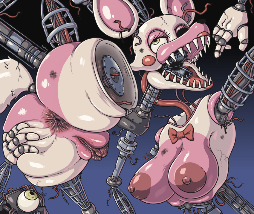 1_eye ambiguous_form amputee anus areola bedroom_eyes big_areola big_breasts bow_tie breasts butt damaged disability fangs female five_nights_at_freddy's five_nights_at_freddy's_2 genitals hi_res liarborn lipstick long_labia machine makeup mangle_(fnaf) narrowed_eyes nipples pink_body plump_labia presenting presenting_hindquarters pussy robot seductive simple_background solo spread_anus spreading video_games white_body wire yellow_eyes