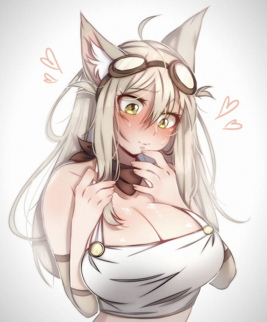 adahams animal_ears blush breasts elbow_pads fox fox_ears goggles goggles_on_head green_eyes grey_hair hair_flaps halter_top halterneck highres large_breasts lily_the_mechanic lost_pause mechanic upper_body